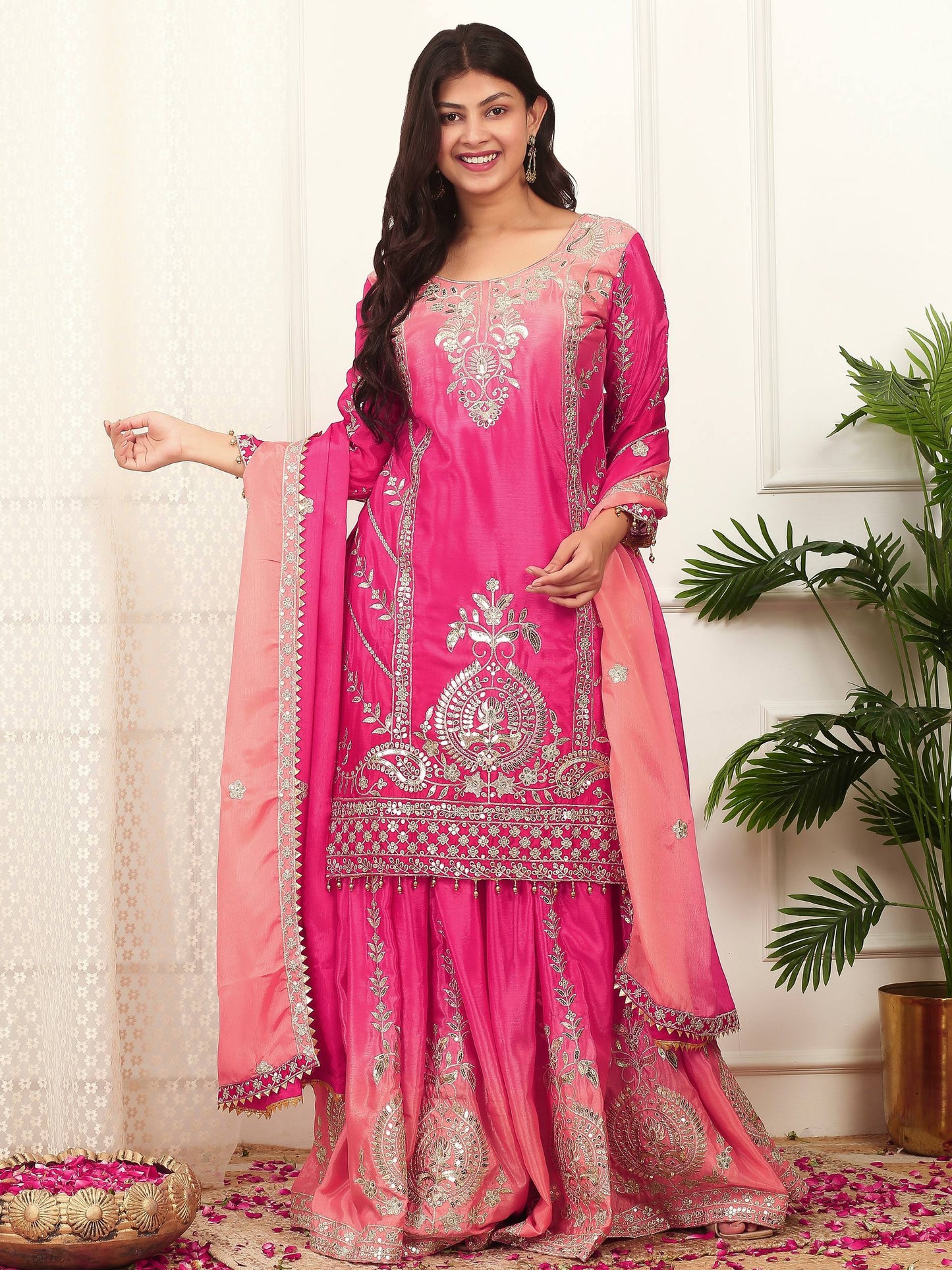 Exclusive Designer Collection Shaded Chinon Silk Top-Plazzo Set With Heavy Embroidery Detailing