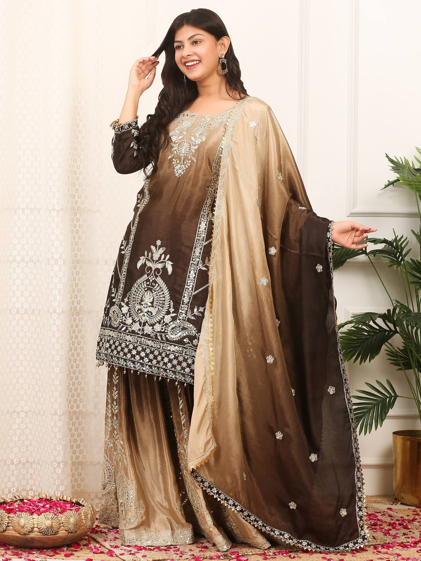 Exclusive Designer Collection Shaded Chinon Silk Top-Plazzo Set With Heavy Embroidery Detailing