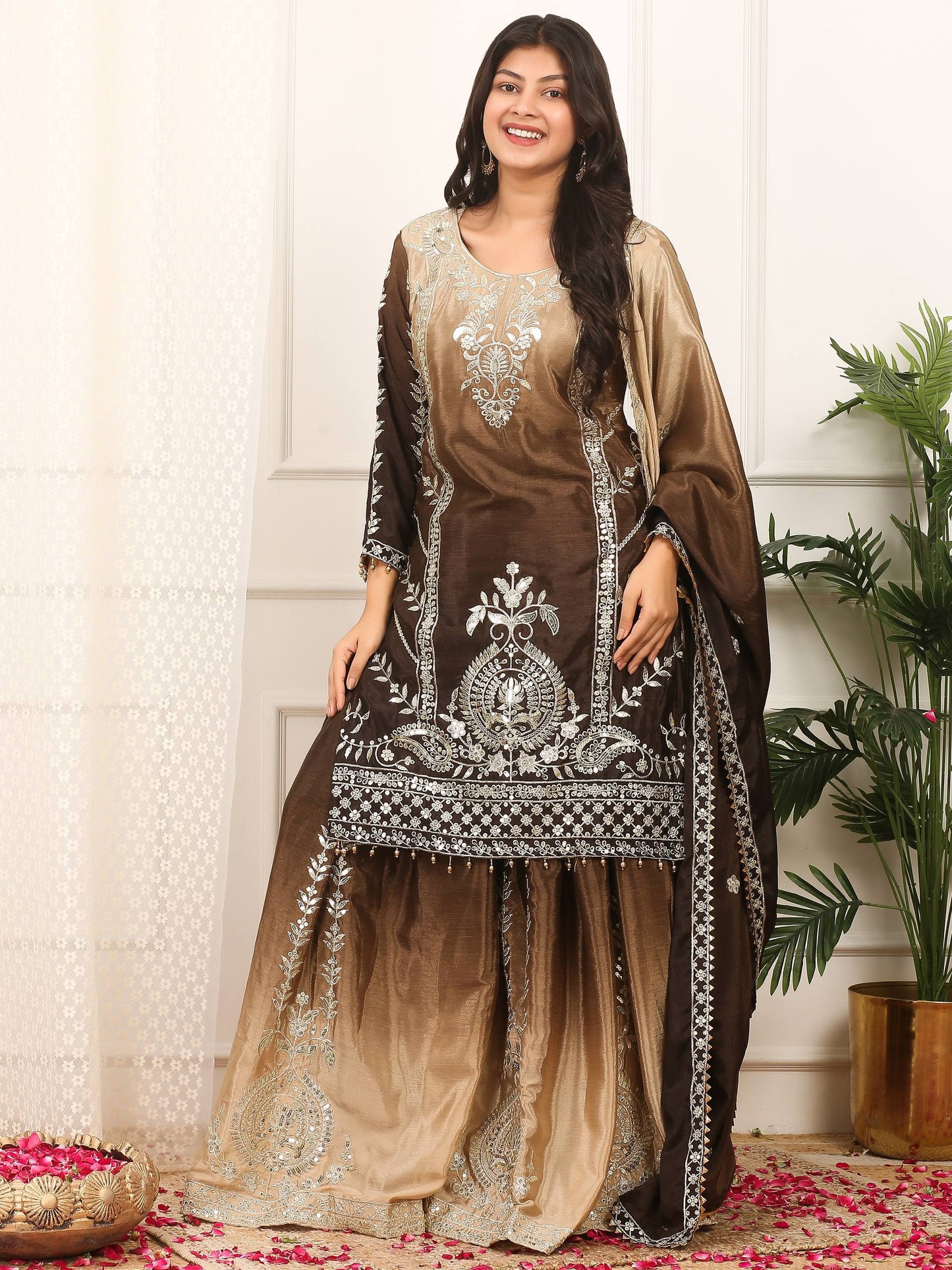Exclusive Designer Collection Shaded Chinon Silk Top-Plazzo Set With Heavy Embroidery Detailing
