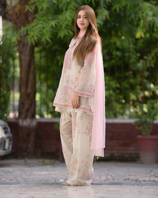 Premium Designer Pure Sifon Georgette Ensemble Digital Print Embroidered Top Farshi Palazzo And Dupatta