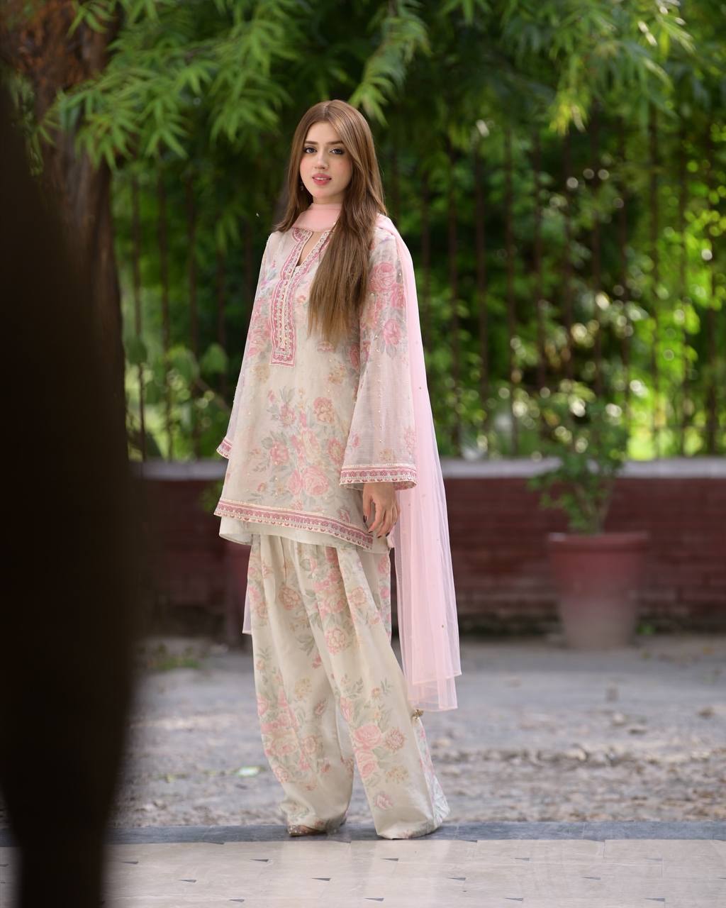 Premium Designer Pure Sifon Georgette Ensemble Digital Print Embroidered Top Farshi Palazzo And Dupatta
