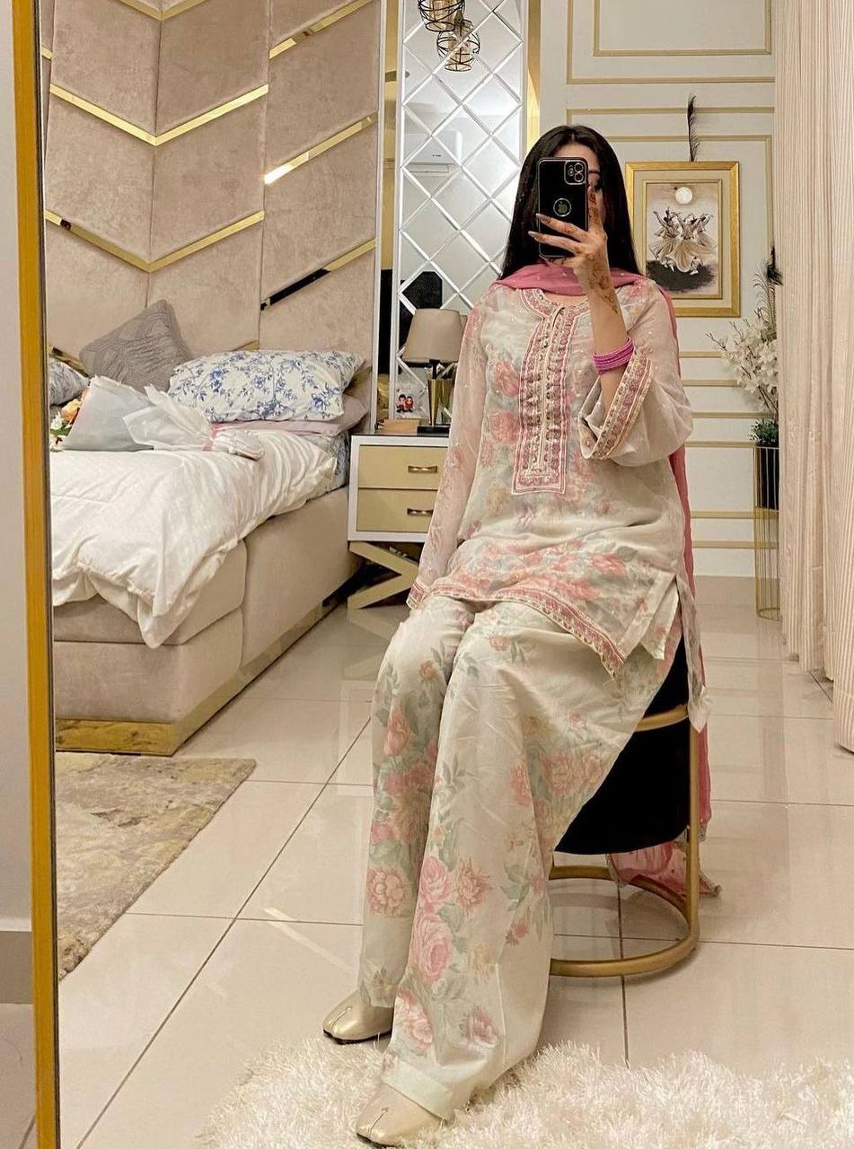 Premium Designer Pure Sifon Georgette Ensemble Digital Print Embroidered Top Farshi Palazzo And Dupatta