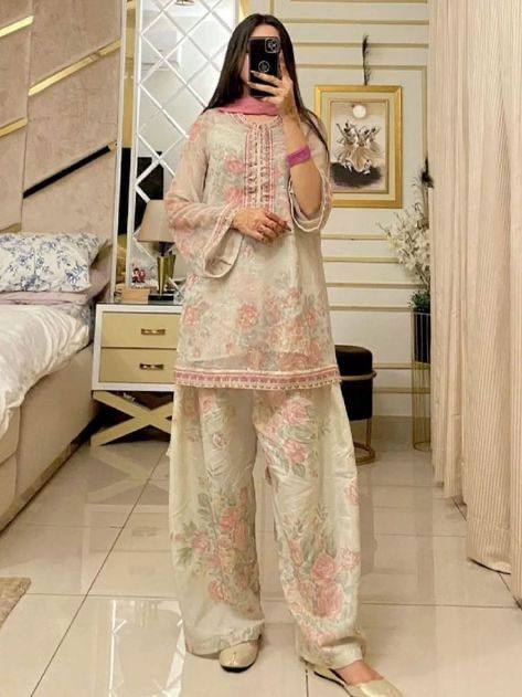 Premium Designer Pure Sifon Georgette Ensemble Digital Print Embroidered Top Farshi Palazzo And Dupatta