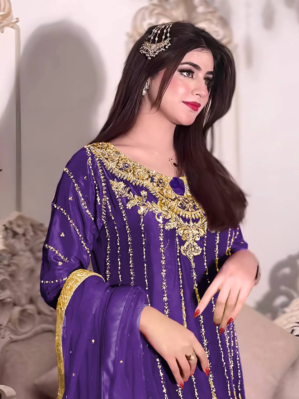 Fancy Wine Georgette Kurti Pant Set With Dupatta