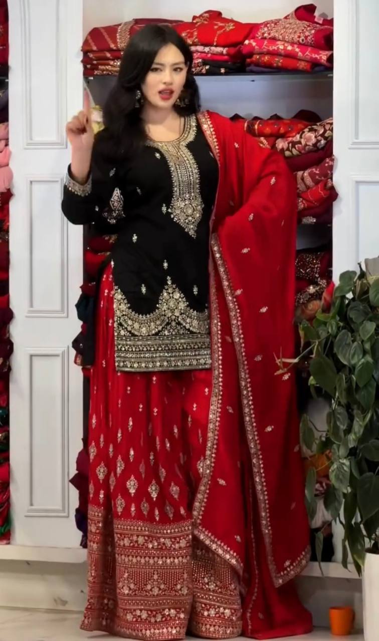 Elegant Pure Chinon Silk Top With Embroidery And Sequence Work Plazzo And Dupatta Ensemble