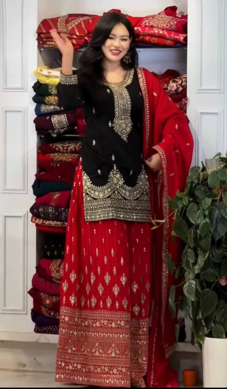 Elegant Pure Chinon Silk Top With Embroidery And Sequence Work Plazzo And Dupatta Ensemble