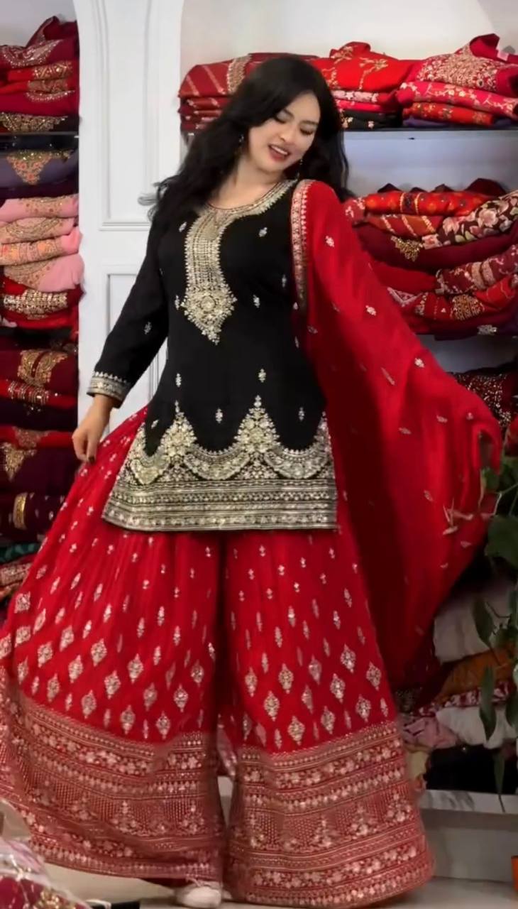 Elegant Pure Chinon Silk Top With Embroidery And Sequence Work Plazzo And Dupatta Ensemble
