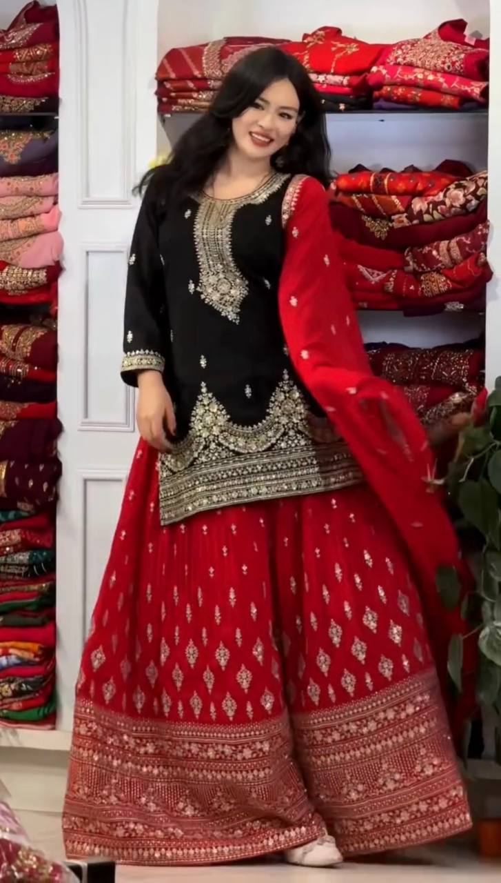 Elegant Pure Chinon Silk Top With Embroidery And Sequence Work Plazzo And Dupatta Ensemble