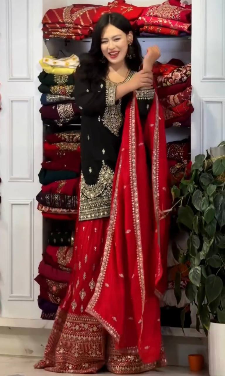 Elegant Pure Chinon Silk Top With Embroidery And Sequence Work Plazzo And Dupatta Ensemble