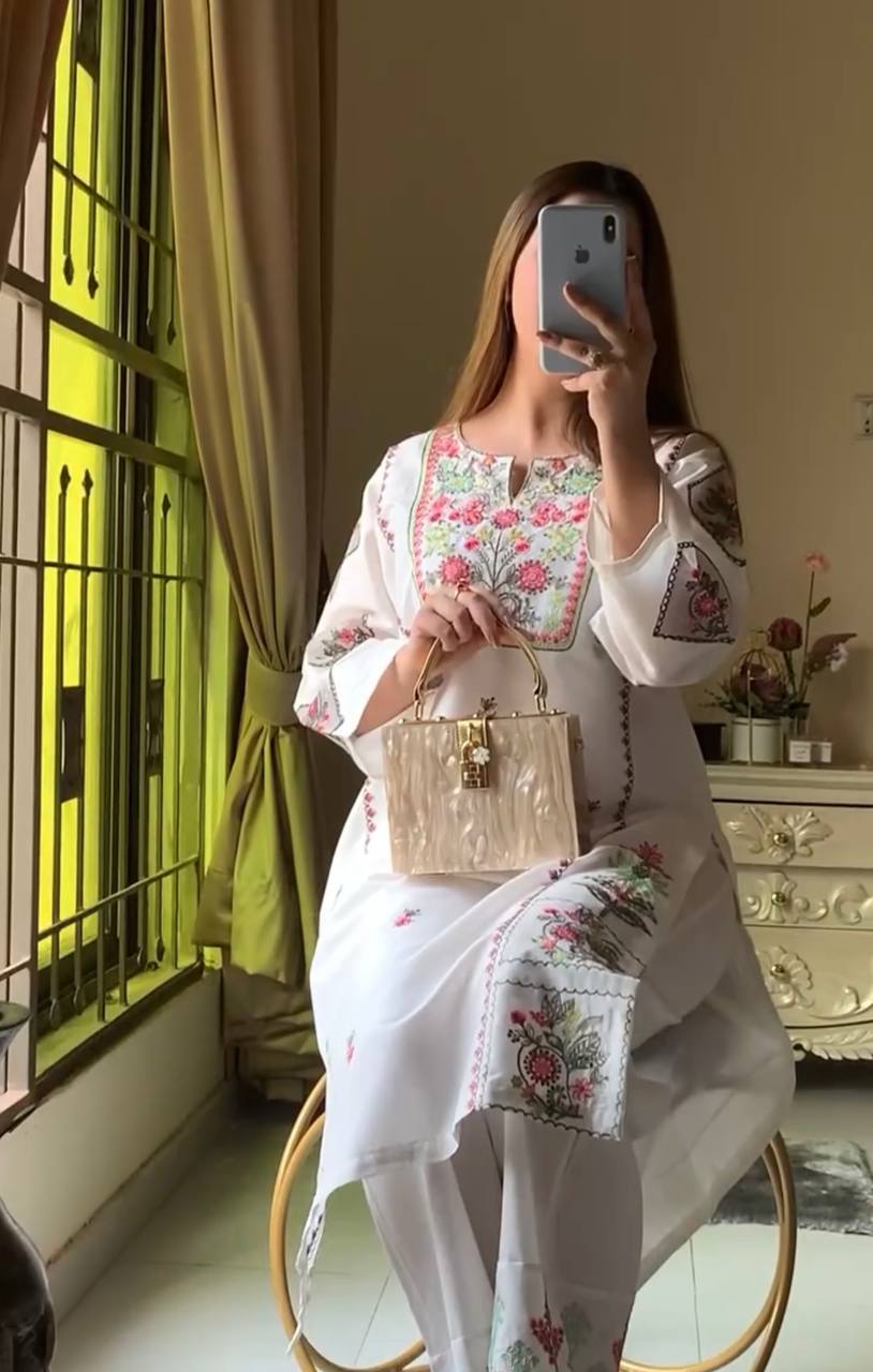 Premium Designer Heavy Riyon Silk Top And Plazzo Ensemble With Full Sleeve Detailing