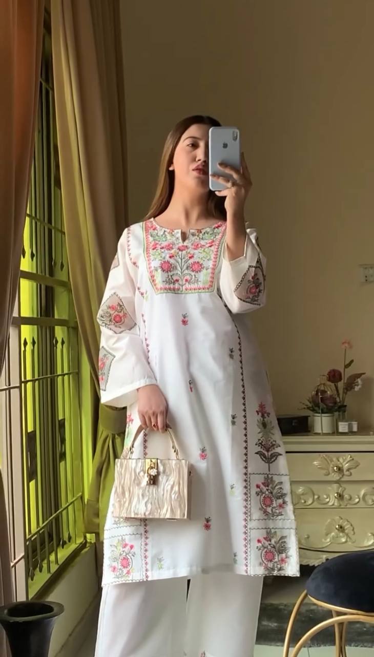Premium Designer Heavy Riyon Silk Top And Plazzo Ensemble With Full Sleeve Detailing