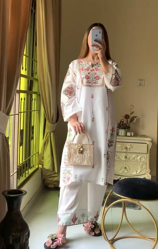 Premium Designer Heavy Riyon Silk Top And Plazzo Ensemble With Full Sleeve Detailing