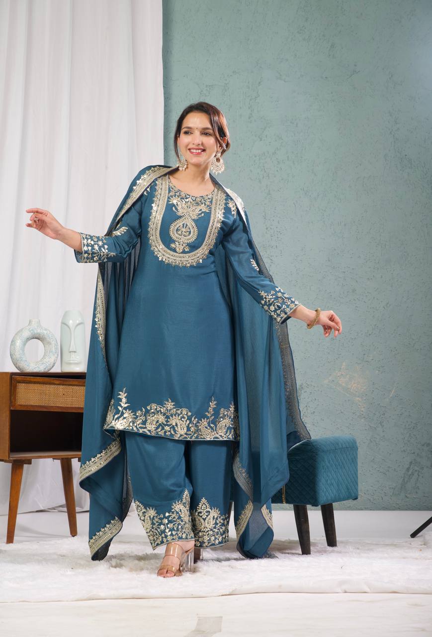 Graceful Pure Chinnon Silk Ensemble Showcasing Heavy All-Over Coding Sequin Embroidery Work