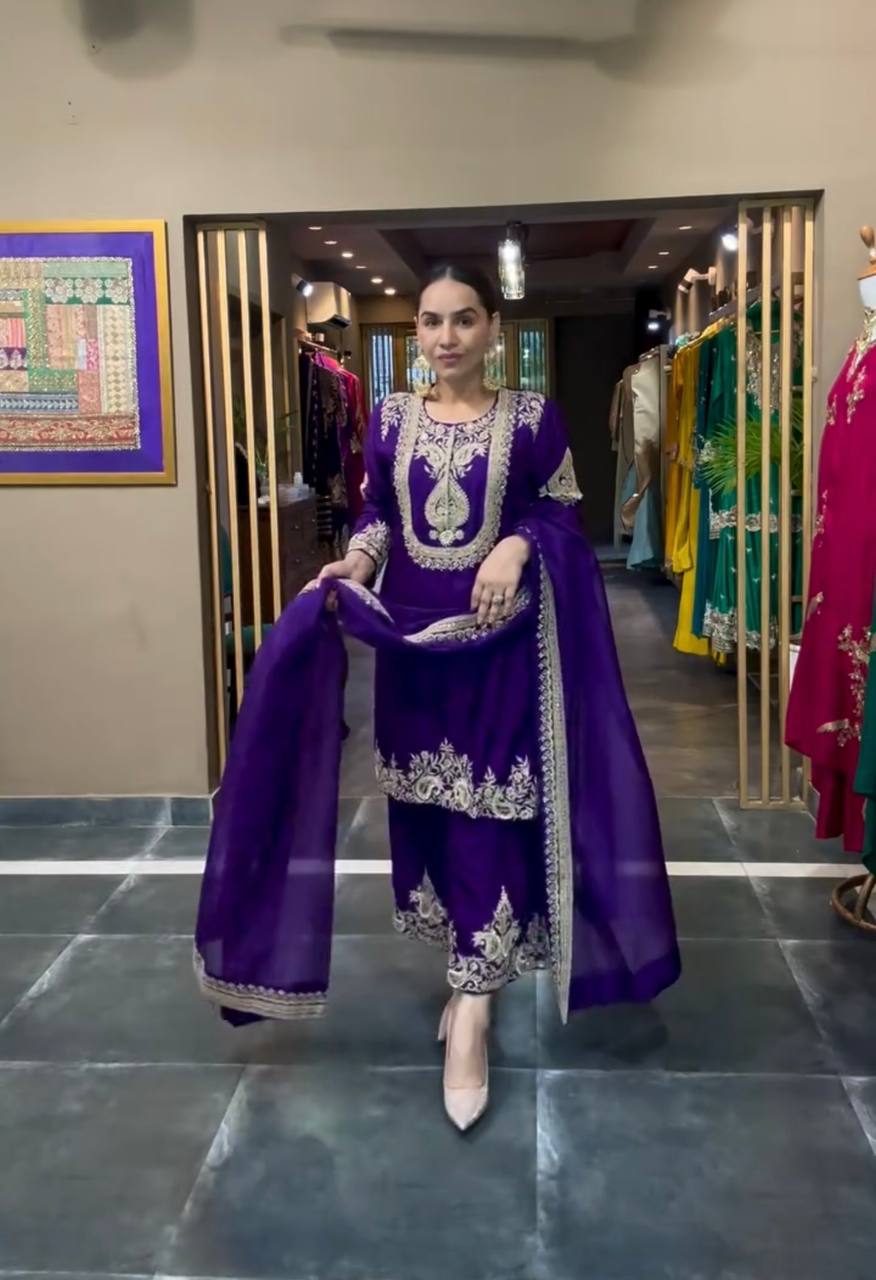 Graceful Pure Chinnon Silk Ensemble Showcasing Heavy All-Over Coding Sequin Embroidery Work