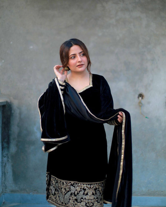 Premium Designer Velvet Ensemble with Embroidery and Fancy Dupatta