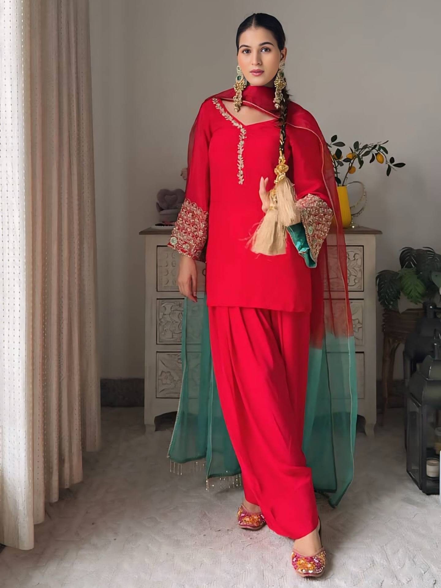 Heavy Fox Georgette Embroidered Farsi Top and Salwar with Micro Cotton Bottom