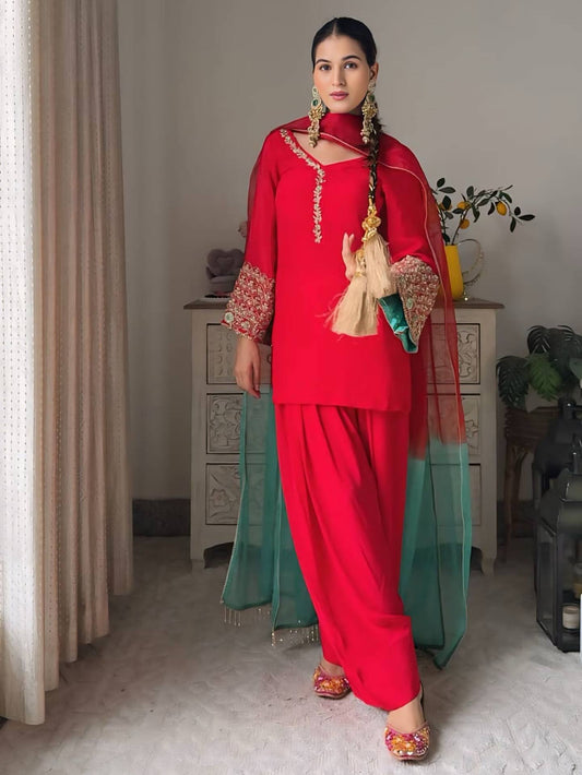 Heavy Fox Georgette Embroidered Farsi Top and Salwar with Micro Cotton Bottom