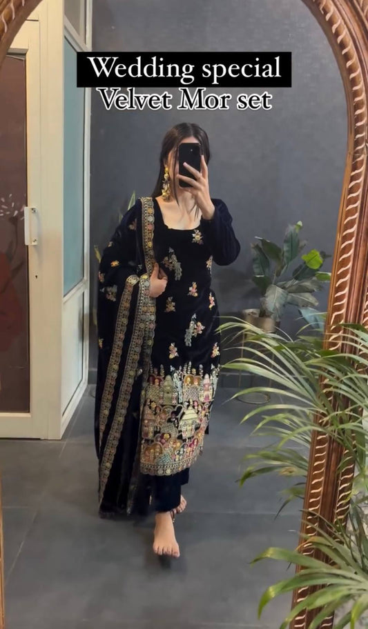 Juhi Godambe Chic Partywear Velvet Set Featuring Heavy Embroidery and Fancy Dupatta