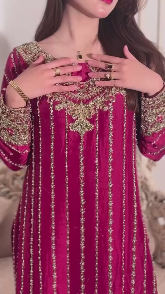 Fancy Wine Georgette Kurti Pant Set With Dupatta